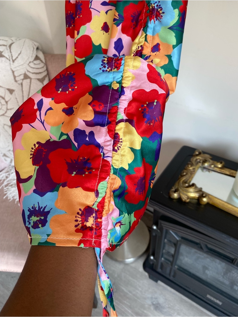 SATIN MINI DRESS FLOARL RUCHED - Picture 5 of 10